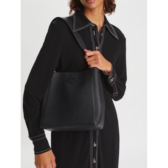 TORY BURCH McGRAW MEDIUM BUCKET BAG in BLACK PEBBLED LEATHER HOBO PURSE TOTE - Picture 2 of 16